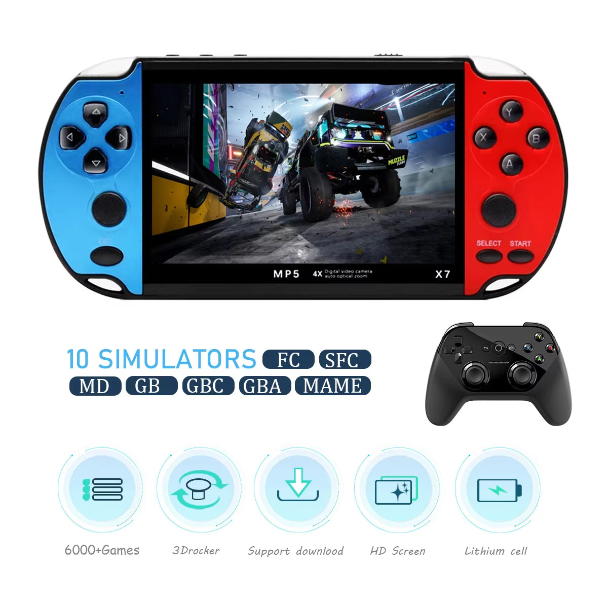 X7 4.3-Inch Handheld Game Console with IPS Screen - Enjoy Over 10,000 Built-In Games for GBA, GBC, NES and More!